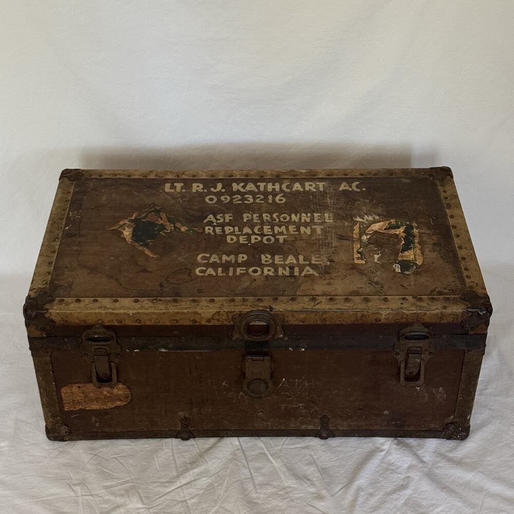 Antique 1928 Footlocker Trunk Named WWII Army Camp Beale Baylor Football Texas